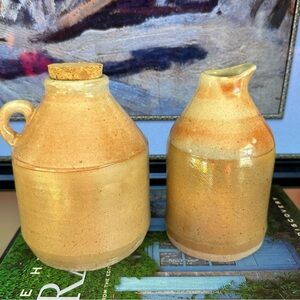 Pair of Rustic Tan Small Ceramic Jugs for Decoration